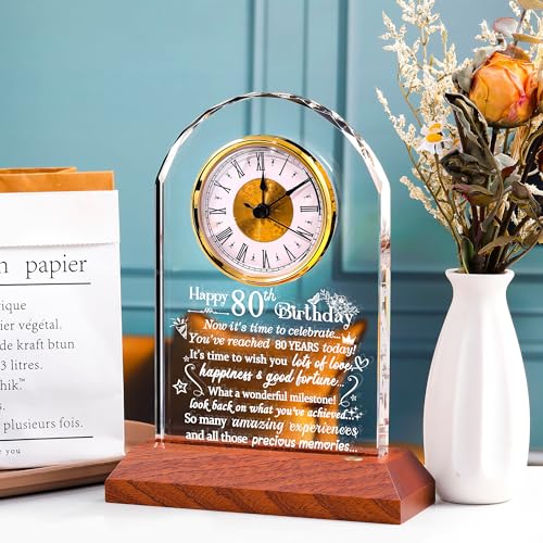 80th Birthday Glass Desk Clock with LED Wooden Light Base