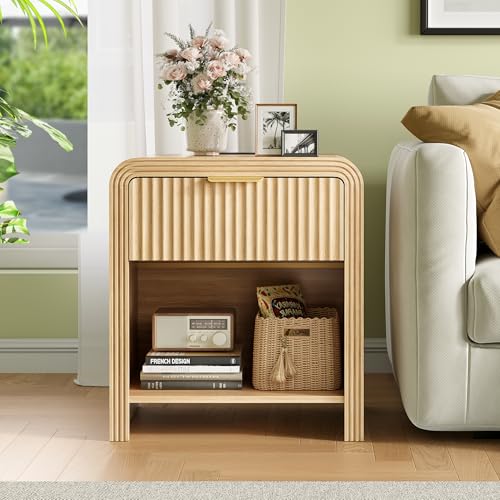 Fluted 1-Drawer Nightstand with USB Charging Station - Oak Bedside Table