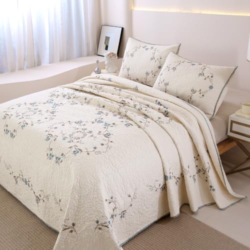 Elegant Floral Embroidered Bedspread Coverlet Set - Oversize Queen 100% Cotton