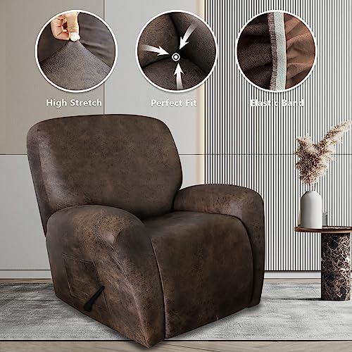 Faux Leather Recliner Chair Cover - 4-Piece Stretch Slipcover (Dark Brown)