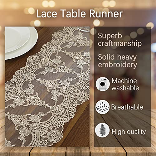 Jeloris Champagne Lace Table Runner 12x94 inch Vintage Floral Dresser Scarf
