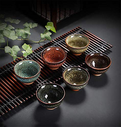 6pc Ceramic Kung Fu Tea Set with 6 Colors - Japanese Sake and Tea Cups, 2.1oz Capacity