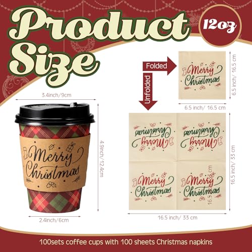 Hushee 100 Set 12 oz Christmas Disposable Coffee Cups with Black Lids