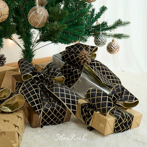 MAYREEL Black & Gold Velvet Wired Ribbon 4 Inch x 10 Yards Christmas Decor