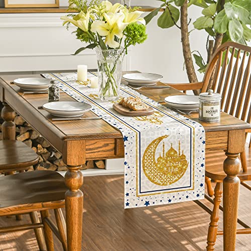 Artoid Mode 13x120 in White Moon Star Ramadan Table Runner, Polyester Home Decor