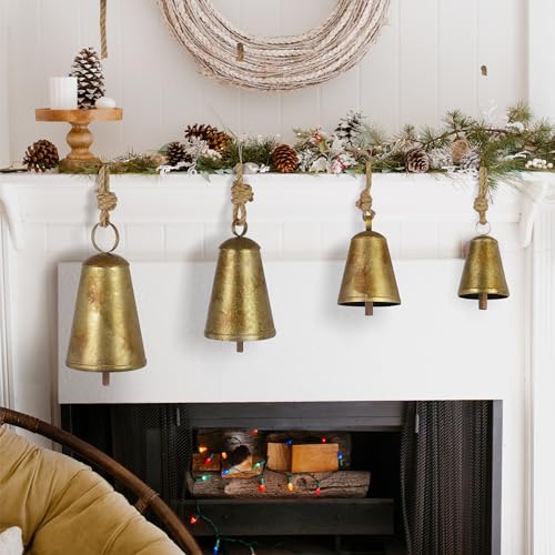 Fovths 4-Piece Christmas Cow Bells Set with 4 Sizes | Rustic Metal Hanging Decor