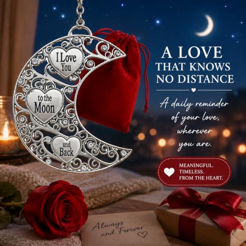 I Love You to the Moon and Back Ornament Set of 2, Filigree Moon Hearts with Crystals – Red Gift Bags Included (BANBERRY DESIGNS)