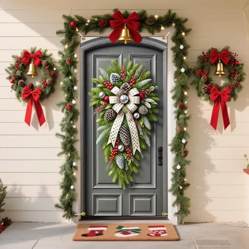Frosted Pine Swag Christmas Door Cover, 35x71 Inch Holiday Wall Backdrop