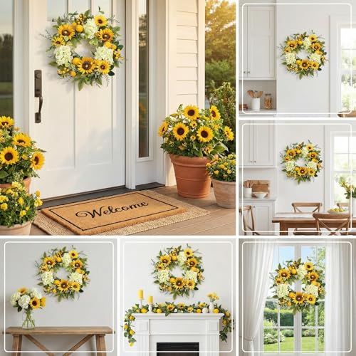 22-Inch Sunflower and Hydrangea Wreath with Lemons for Front Door