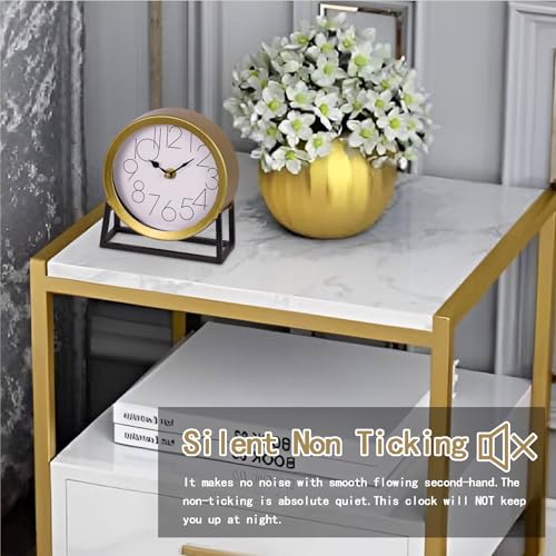 Modern Gold Metal Table Clock, Silent Non-Ticking Desk and Shelf Clock