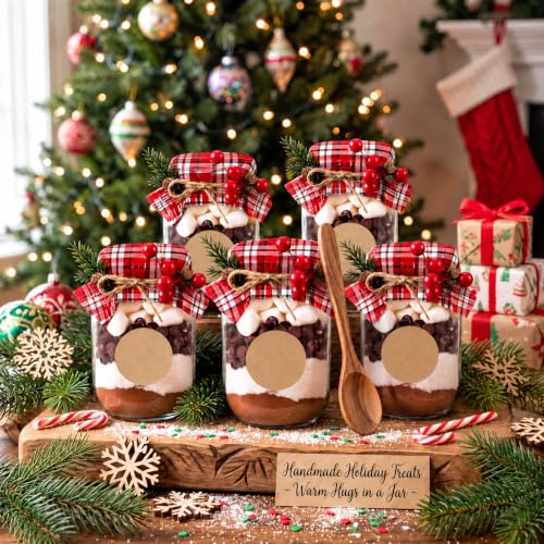 Thyle 6-Piece Christmas Mason Jar Set 16 oz – Hot Cocoa Supplies with Plaid Décor
