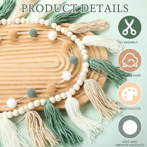 Boho Tassel and Pom Pom Garland Set - Sage Green Cotton Wall Decor
