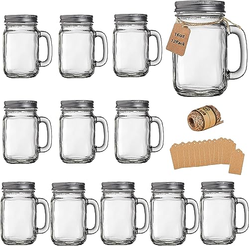 16oz Mason Jar Mugs with Handles and Lids - Set of 12 Glass Drinking Cups