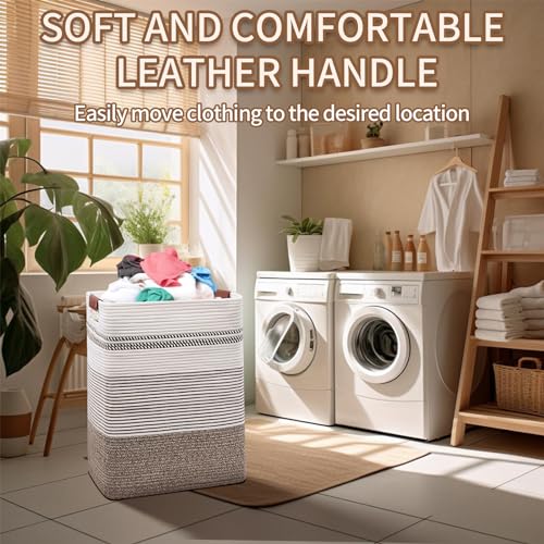 85L Cotton Rope Laundry Basket with Leather Handles - Foldable Storage Bin
