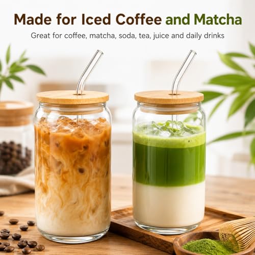 16 oz Glass Coffee Cup with Bamboo Lid and Straw, Reusable Iced Drink Tumbler