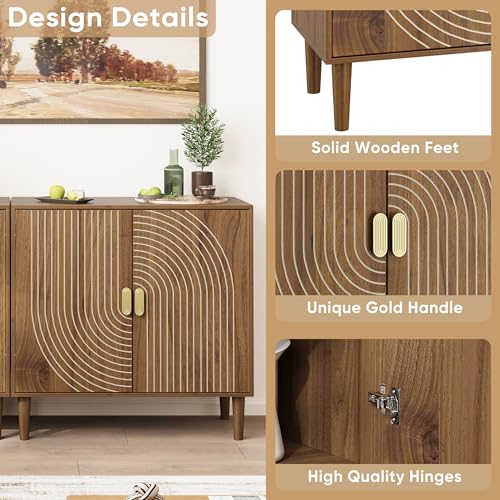 Walnut Wood Sideboard Cabinet with Adjustable Shelf and Line Groove Design