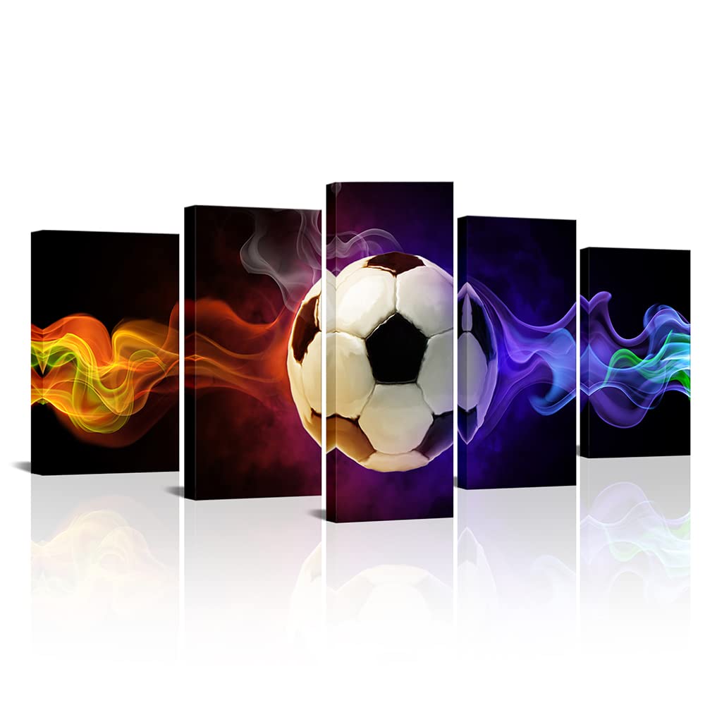 iLOOKLiKE 5 Panels Soccer Ball with Gold and Purple Fire on Black Backdrop Canvas Prints Wall Art Sports Themed Picture Posters for Boys Bedroom Football Canvas Artwork Home Office Wall Decor