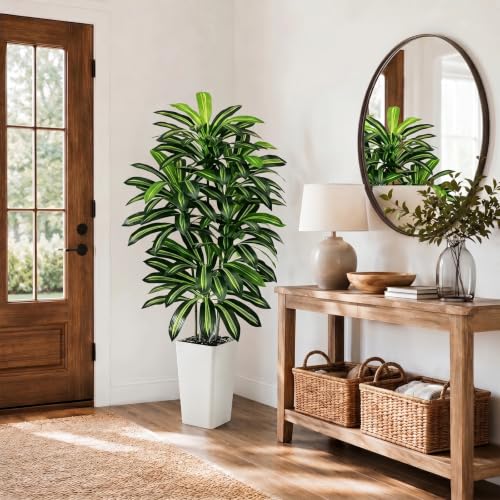5FT Artificial Dracaena Tree with White Planter - Lifelike Indoor Faux Plant