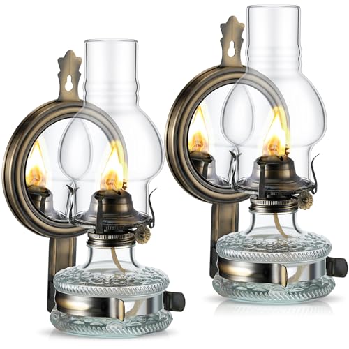 Vintage Wall-Mounted Glass Kerosene Oil Lamps with Wicks - Set of 2
