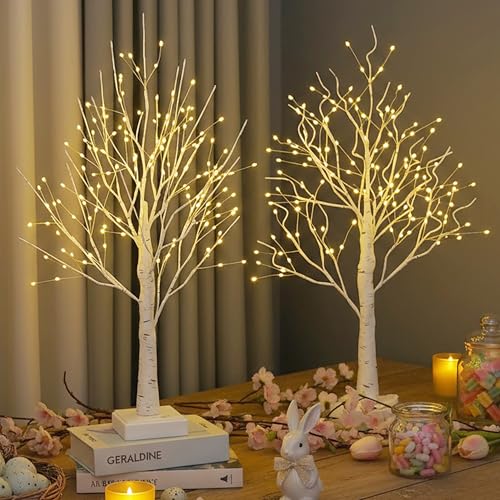 2 Pack BHGNEJN Small Lighted Artificial Birch Trees with Timer, 144 LEDs, 2ft Warm White Tabletop Decor for Bedroom & Holidays
