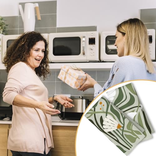 Sage Green Floral Kitchen Towels, Waffle Weave Dish Towels Set of 2