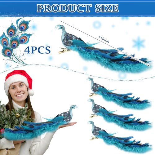 4 Pack Peacock Christmas Tree Ornaments with Feathers - Holiday Decorations
