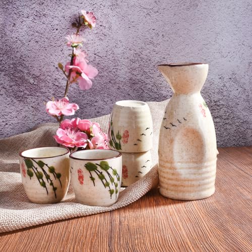 Japanese Ceramic Sake Set of 5 - 150ml Sake Bottle & 45ml Cups for Traditional Serving
