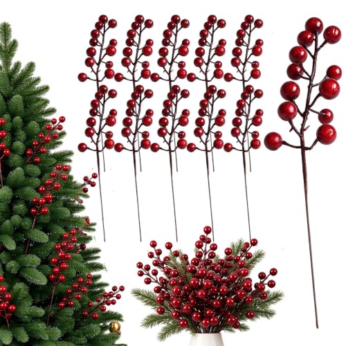 UPSTORE 10-Pack Artificial Red Berry Stems - 20cm Foam Berries with Flexible Wire