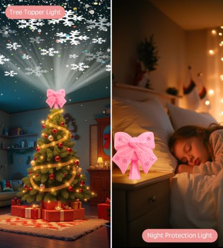 Tenmiro Pink Bow Christmas Tree Topper with 360° Snowflake Projection - Plug-In LED Decor