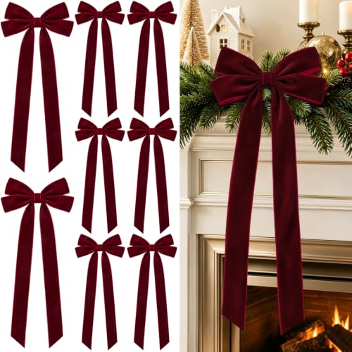 Milimot Burgundy Velvet Bows for Christmas Tree 8 x 20 in - 8 Pcs with 1.5 in Ribbon
