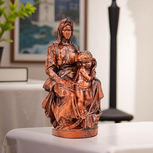 6 Inch Virgin Mary and Jesus Wooden Statue, Catholic Religious Figurine for Home & Christmas Decor