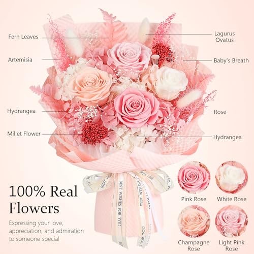 Preserved Pink Roses Bouquet with Vase & Gift Box - Real Forever Flowers