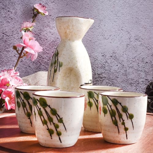 Japanese Ceramic Sake Set of 5 - 150ml Sake Bottle & 45ml Cups for Traditional Serving