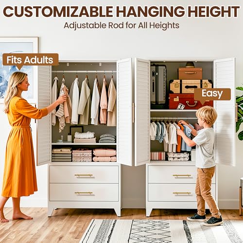 Metal Wardrobe Closet with Adjustable Shelves, Hanging Rod, and 2 Drawers