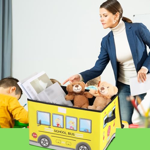 2 Pcs School Bus Toy Storage Chest with Lid - Foldable Classroom Prize Box