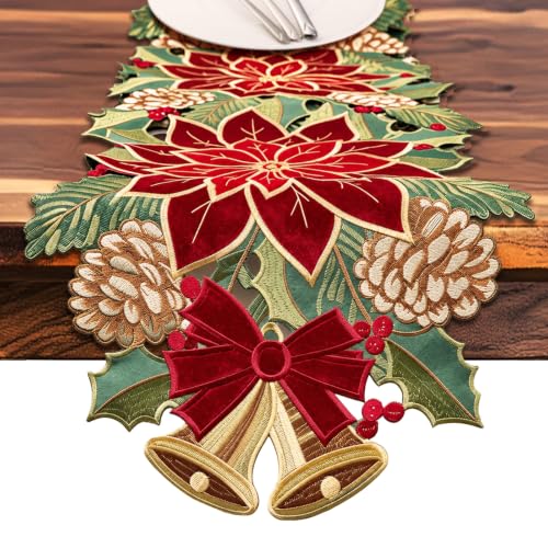 Ritgssi Christmas Tree Table Runner 14x72 in Red Floral Embroidery