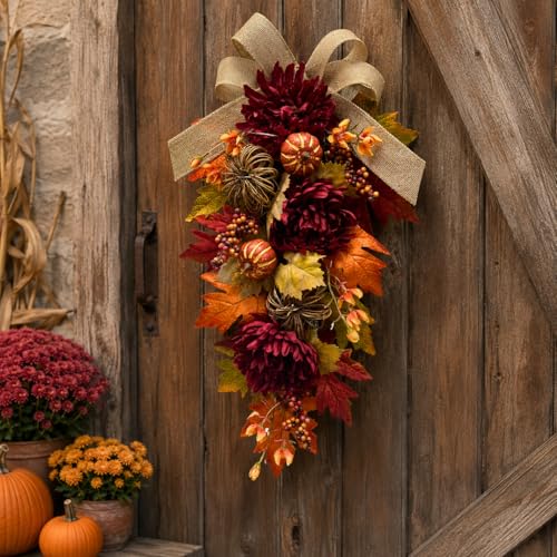 24-Inch Lighted Fall Teardrop Swag with Timer, Pumpkins and Burlap Bow