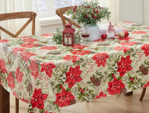 Newbridge Majestic Poinsettia 60x102 Rectangle Vinyl Tablecloth with Flannel Backing, Red Noel — 102 x 60 inches