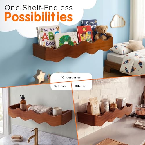 Floating Nursery Book Shelves - Solid Pine Wall Bookshelf for Kids Room (Set of 2)