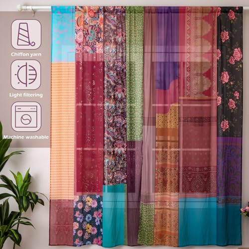 Multicolor Indian Silk Blend Sari Curtains - 2 Panels 84x42 Inches