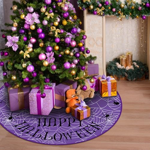 48-Inch Halloween Tree Skirt - Spooky Black & Purple Spider Web Decor