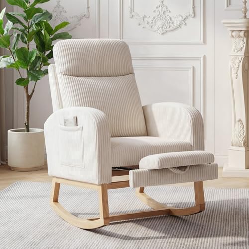Corduroy Nursery Rocking Chair with Adjustable Footrest and Side Pocket