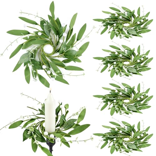 6 Mini Eucalyptus Candle Rings - 1.38" Taper Holder Wreaths