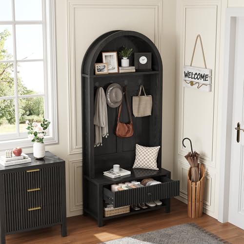 71-Inch Farmhouse Entryway Hall Tree with Coat Rack, Bench, and Shoe Storage