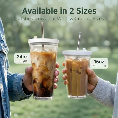 24 oz Reusable Insulated Iced Coffee Tumbler with Lid, Straws, and Brush
