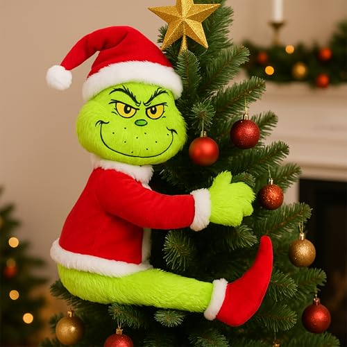 Green Furry Christmas Tree Topper - Plush Character Tree Hugger Decoration