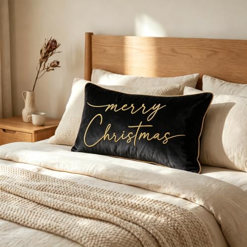 ONWAY Black Christmas Pillow Cover 12x20 Inches Embroidered Gold Holiday Decor