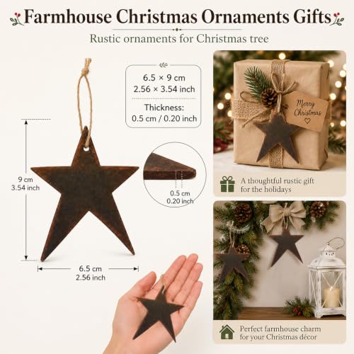 Wenqik 24 Rustic Christmas Wooden Star Ornaments – Vintage Primitive with Hemp Rope (Star/Vintage/24)