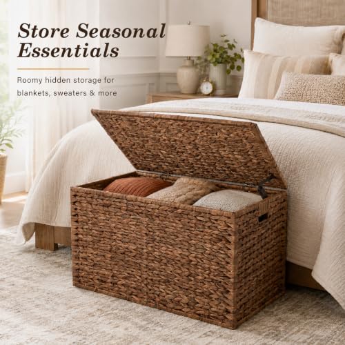 Hand-Woven Water Hyacinth Storage Trunk with Hinged Lid and Handles