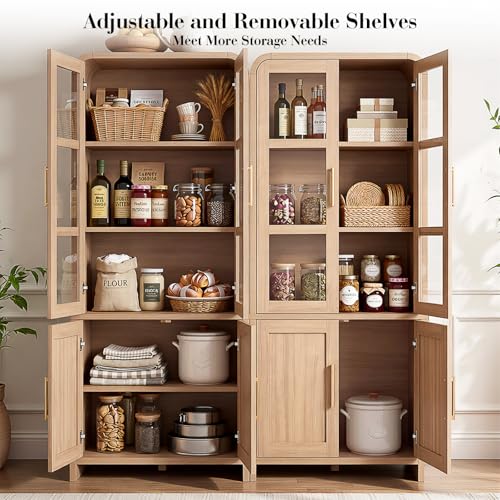 77-Inch Tall Kitchen Pantry Cabinet with Glass Doors and Adjustable Shelves